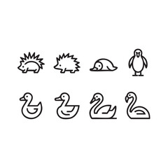 A set of eight black and white line art animal icons including a hedgehog, penguin, seal, duck, and swan for graphic design projects.