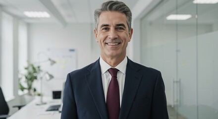 Obraz premium Confident Middle-Aged Businessman in Tailored Suit Standing in Modern Office Space, Radiating Professionalism and Approachability with Bright and Inviting Atmosphere