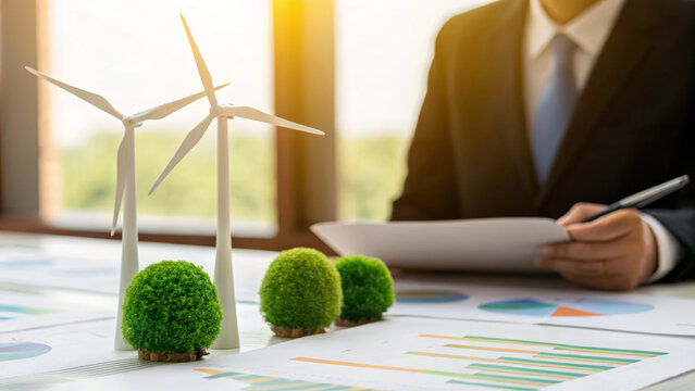 Renewable energy investment. Wind turbine green energy business sustainability. Finance sustainable, Eco-friendly clean climate change
