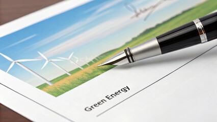 Renewable energy investment. Green energy contract pen wind turbine document. Finance sustainable, Eco-friendly clean climate change