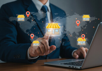 Franchise Business Expansion Concept – Businessman Touching Virtual Franchise Icon with World Map and New Store Location Markers