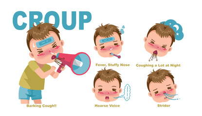 Cartoon Illustrations of Little Baby Boy with Croup Symptom