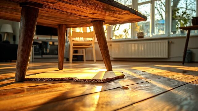Warm sun streaming through the window illuminating wooden furniture and flooring