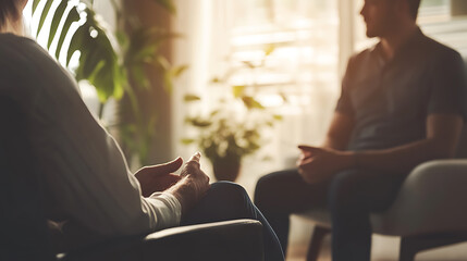 Two individuals engaged in a therapeutic conversation in a warmly lit room