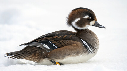 Photo of female bufflehead duck in the snow