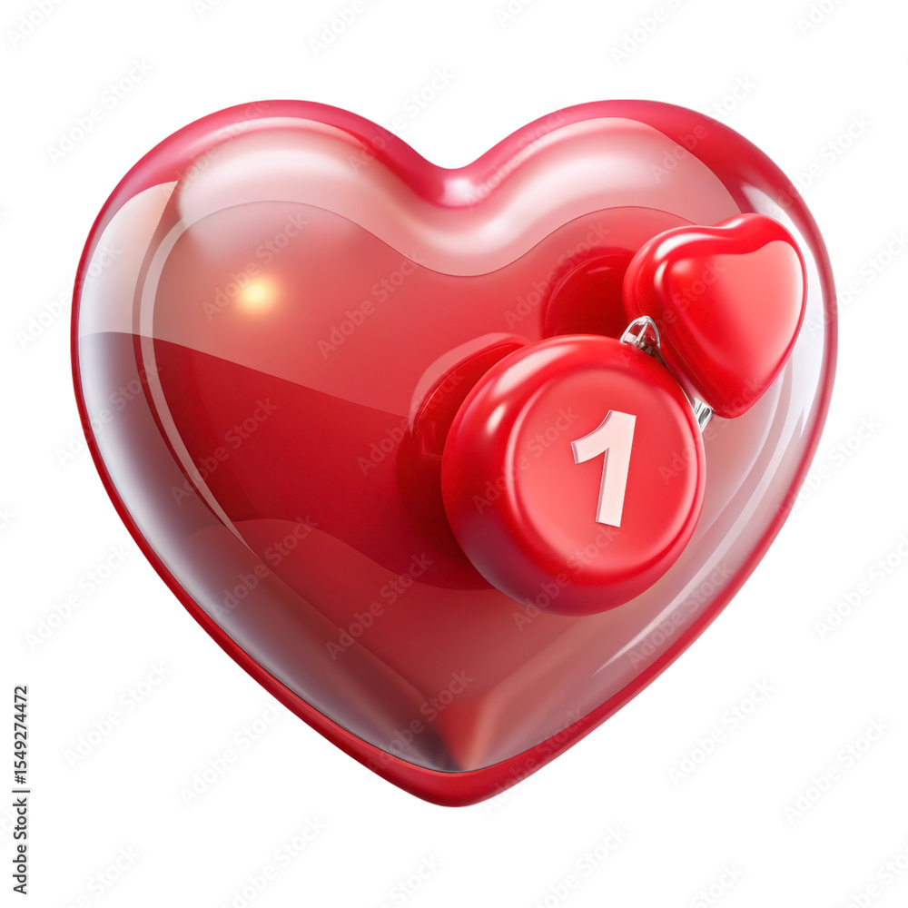 Poster red heart like notification with number one 3d rendering plasticstyle icon isolated on white backgro