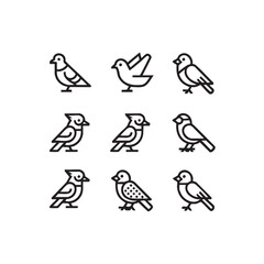 A versatile set of nine black and white bird icons. Simple, clean line art illustrations perfect for UI and web design.