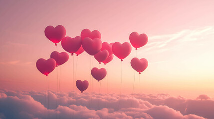 Obraz premium Heart-shaped balloons floating in a pink sky surrounded by clouds