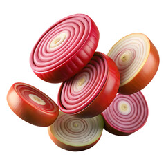 Floating Slices of Red and Yellow Onions Against a Black Background