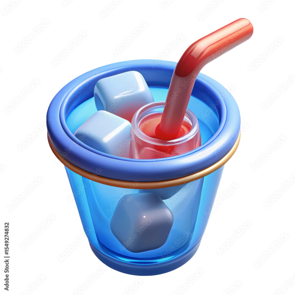 Poster Refreshing drink with ice cubes and straw in 3d rendering plastic style icon isolated on background