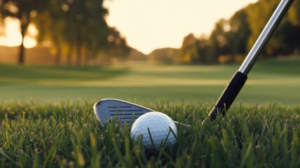 Golf ball nestled in lush grass on course at sunrise, preparing to tee off