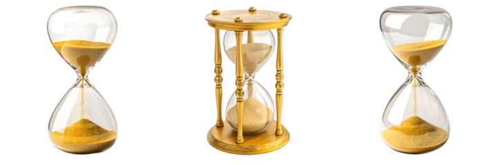 Set For Three hourglasses with golden sand isolated on transparent background