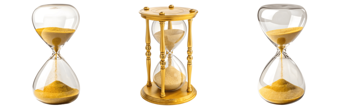 Set For Three hourglasses with golden sand isolated on transparent background