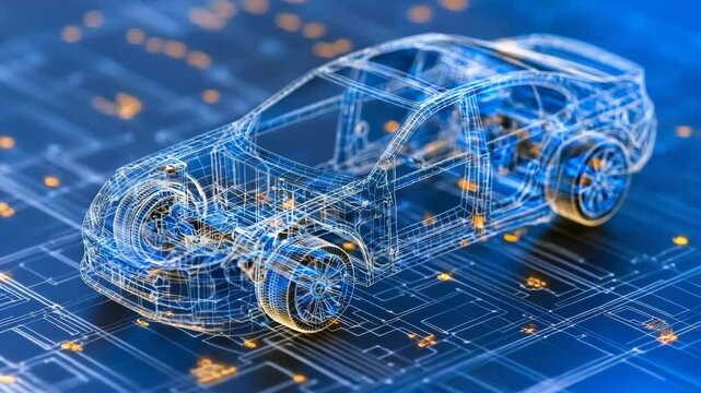 A digital wireframe model of a car is displayed over a technological blueprint background, highlighting automotive engineering design.