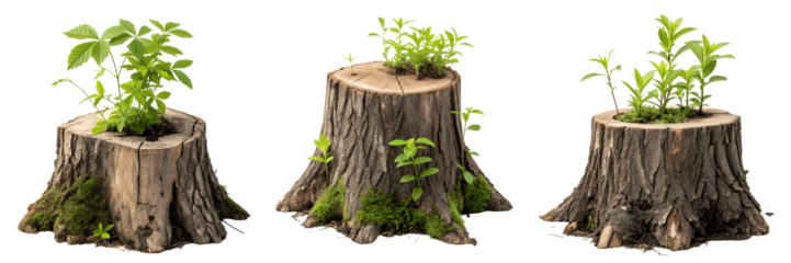 Set For Three tree stumps with new plant growth isolated on transparent background
