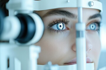 Close-up photo of an eye exam in progress for diabetic patient with retina in focus with copy space. 