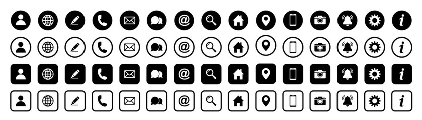 Web icon set. Home, location, call, at, email, address, globe, chat, message, mail, telephone, information, support, search, website, icon. Contact and web icons set. Website set icon vector.