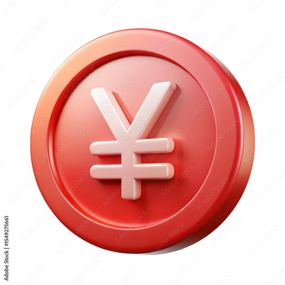 Poster shiny red coin with yen symbol 3d rendering in plastic style isolated on background