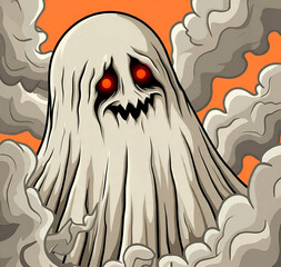A white ghost with a horror face is shown isolated on an orange background, creating a spooky and eerie Halloween-themed visual.
