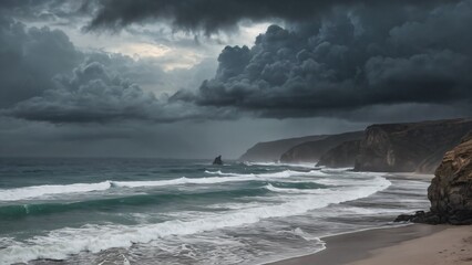 Dramatic Coastal Storm Clouds Over Ocean with Waves and Cliffs, 