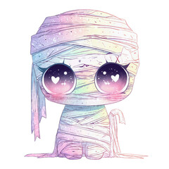 A little wrapped mummy with pink eyes and kawaii hearts, light pastel colours