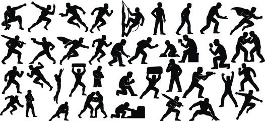 Male Poses, Daily Routines, Superhero Action, and Action Figures vector set. 