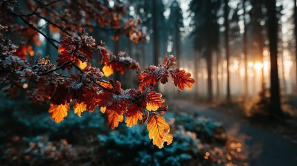 Autumn leaves frosted, bathed in golden sunlight, in a misty forest