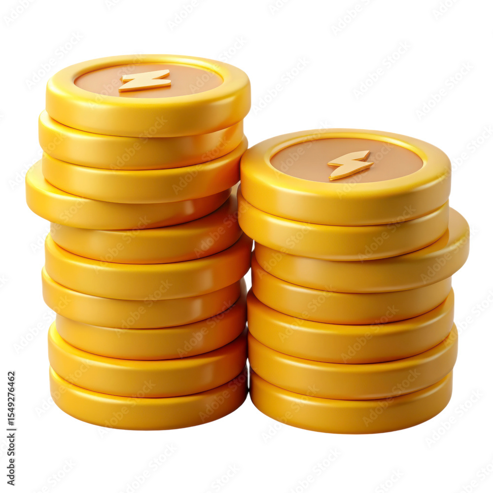 Poster two stacks of yellow plastic style coins featuring lightning bolt 3d rendering isolated on backgroun