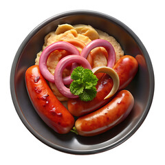 Sausages with Mashed Potatoes and Red Onion Rings on a Plate