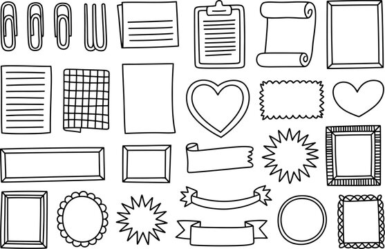 
A collection of outlined stationery items including paperclips, frames, and paper sheets