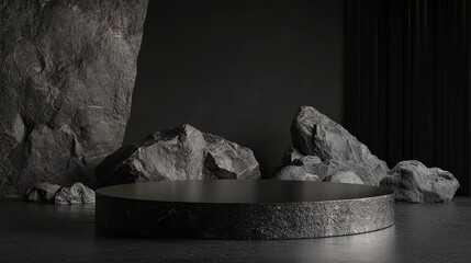 Ultra-realistic 3D render of minimalistic black rock podium scene with round table for product presentation on dark background