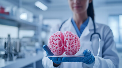 Scientist holding a pink brain model in a laboratory setting