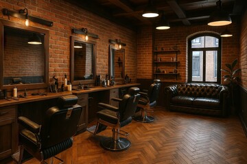 cozy barbershop interior with classic leather chairs and rustic exposed brick walls. concept of vintage grooming space, traditional decor, men's haircut experience