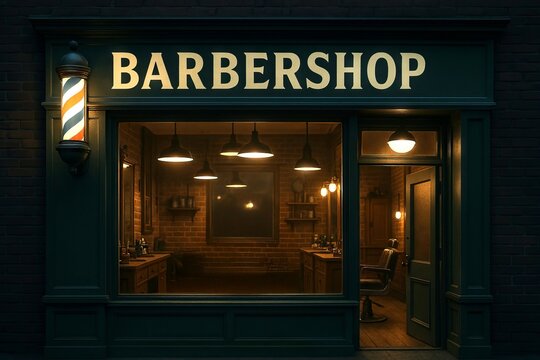 Cozy barbershop with classic vintage decor and warm lighting in evening ambiance. concept of traditional haircut place, retro style, relaxing atmosphere