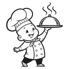 Cartoon chef smiling and holding a tray with food in kitchen