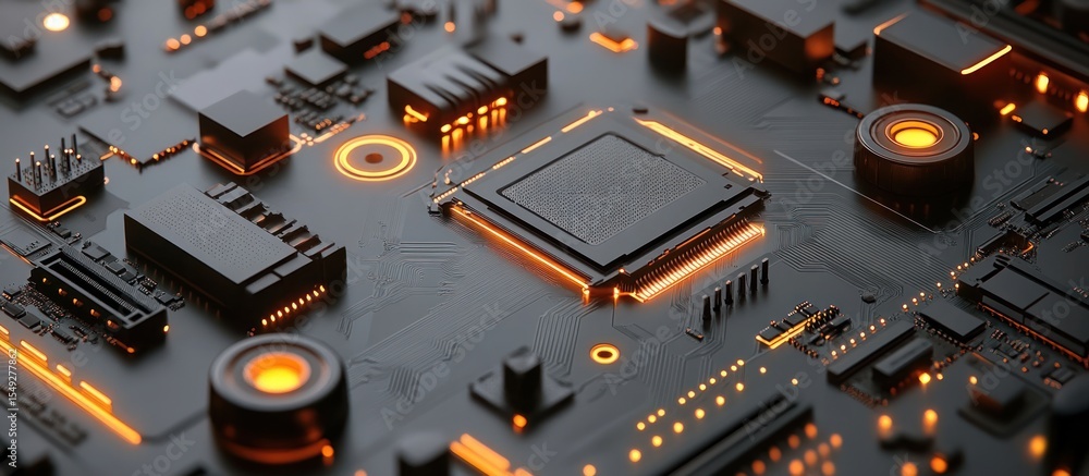 Poster sophisticated close-up of a modern computer motherboard with glowing elements