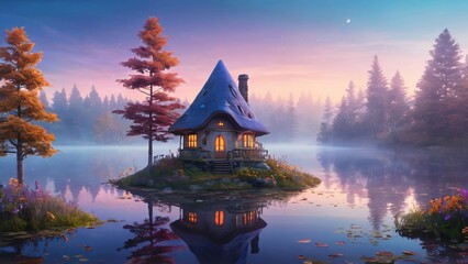Obraz premium Enchanting Lakehouse Surrounded by Twilight Nature and Reflective Waters, A cozy cottage rests on a picturesque island amidst a tranquil lake during twilight.