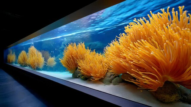 Vibrant Underwater Scene Featuring Lush Orange Sea Anemones in a Serene Aquarium Environment