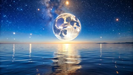 Fototapeta premium Serene Celestial Sphere Over Calm Ocean: Dreamlike Night Sky, Starry, Peaceful, Tranquil, Magical, Fantasy Landscape