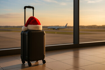 Black suitcase with Santa hat in airport terminal at sunset. Airplane taxiing in background seen through window. Christmas travel and holiday season concept