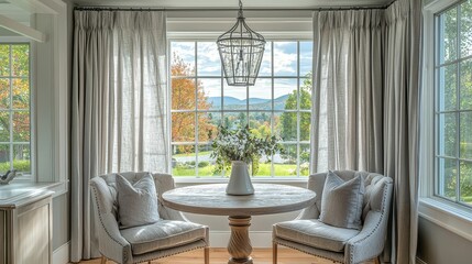 Elegant bay window nook in all-brick home with light grey sheer curtains, circular dining table, chairs, vintage pendant light, and mountain valley views