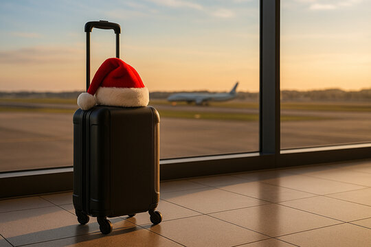 Black suitcase with Santa hat in airport terminal at sunset. Airplane taxiing in background seen through window. Christmas travel and holiday season concept