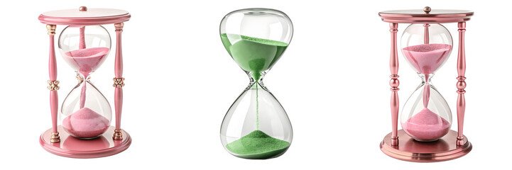 Set For Three hourglasses with colored sand isolated on transparent background