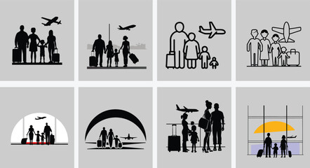 Family with Luggage at Airport Silhouette Illustration