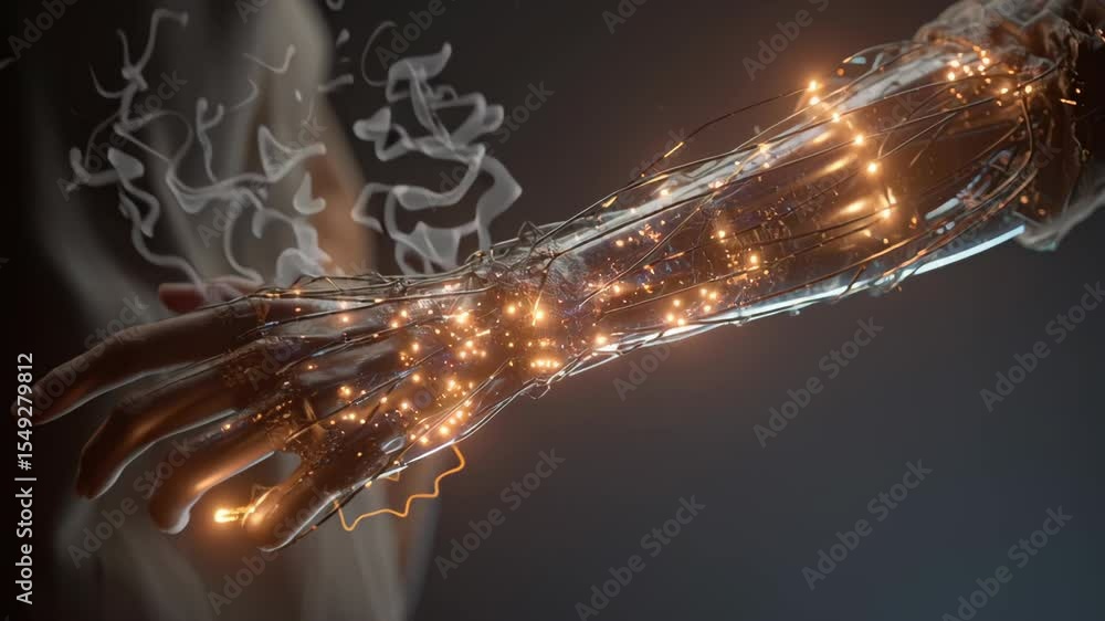 Poster transparent robotic arm is activating, showing energy flowing through futuristic circuits and illumi