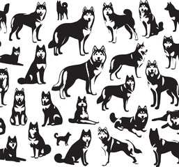 Siberian Husky Dog Vector Illustration in Black and White 