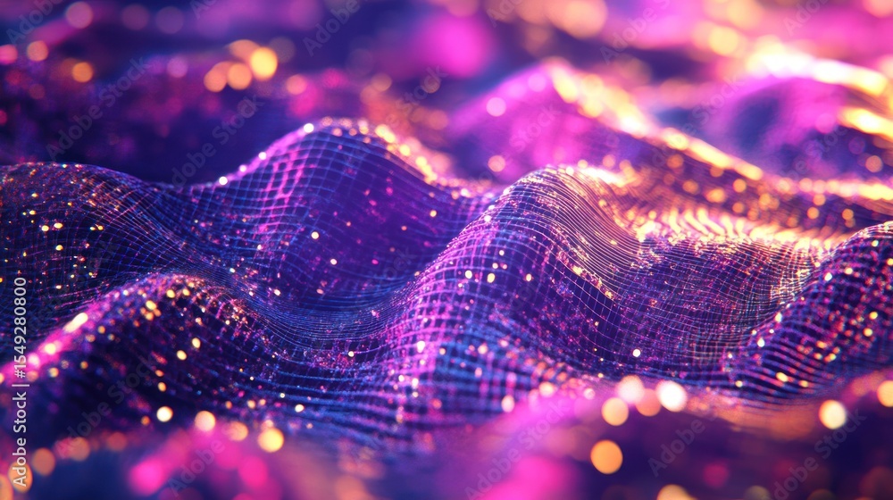 Poster abstract futuristic wavy grid with glowing particles and bokeh effects