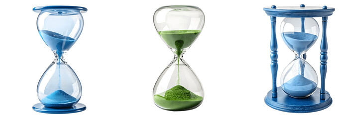Set For Three hourglasses with blue and green sand isolated on transparent background