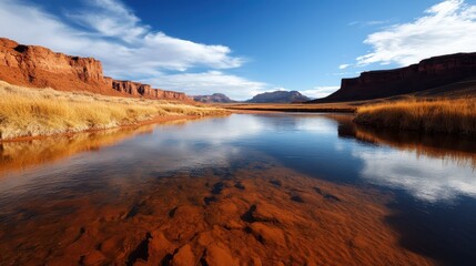 A breathtaking view of a serene river valley framed by towering red cliffs and golden grasses, representing the awe-inspiring beauty and rugged landscapes of nature's artistry.