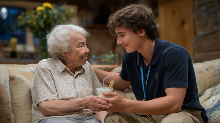 Caregiver feeding elderly person in a warm living room setting